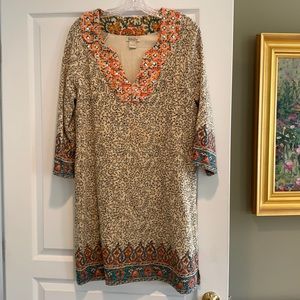 Elegant Beige and Orange Patterned Dress
